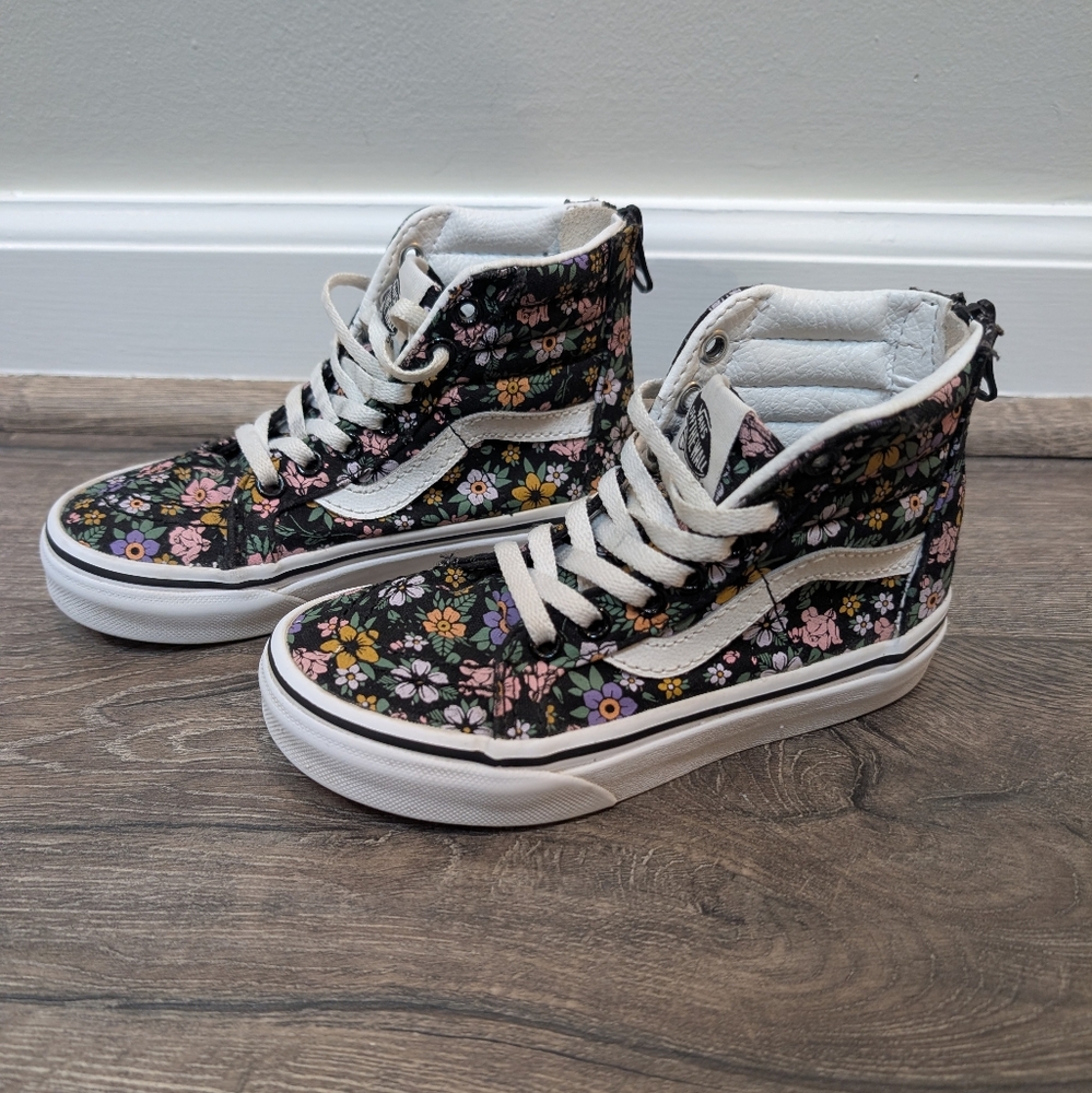 Vans Size 11.5 Toddler Girl Black Pink Purple Flowers Sk8 Hi Zip High Tops Shoes
